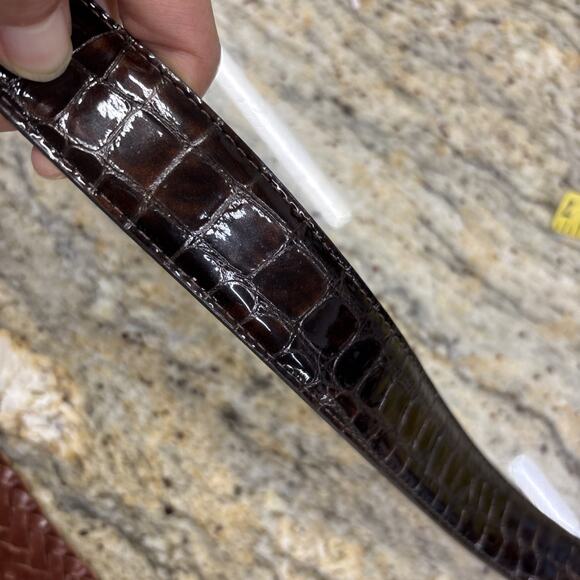 Vintage Brighton Silver Buckle Croc Embossed Patent Leather Brown Belt Sz M 34” main image 8